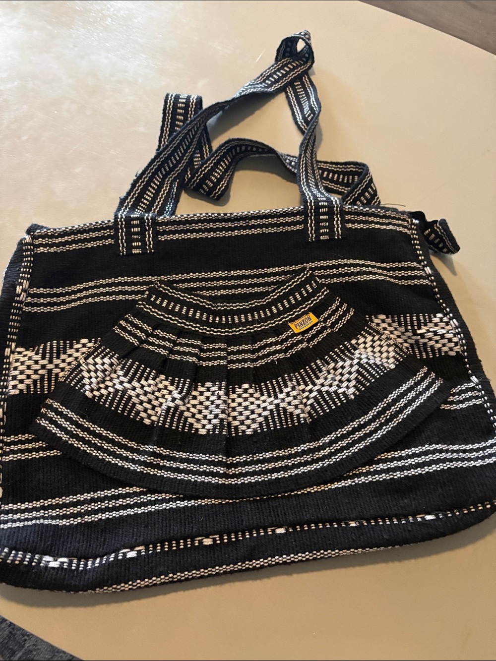 Artisan crafted Handwoven “Pinzon” Black & White Tote Bag with Front Pocket